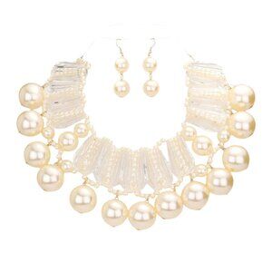 Tigerstars Cream Chunky Celluloid Acetate Bar Pearl Statement Necklace